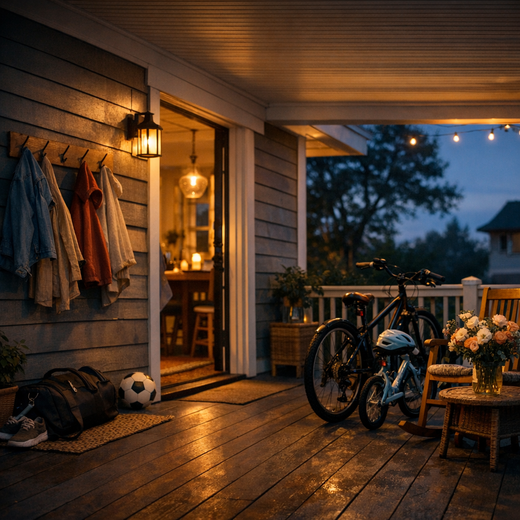 Evening porch scene after a family gathering with bikes, coats, and warm house lighting.