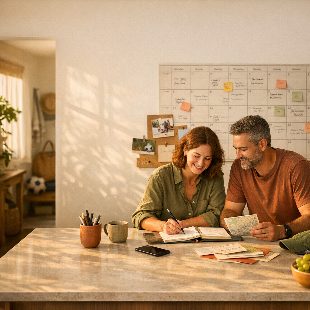 Two adults planning together at a kitchen island with a family calendar in the background.